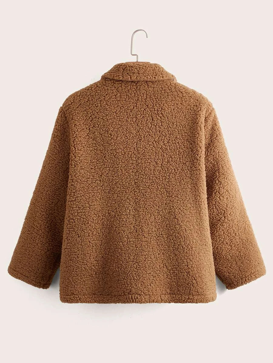 Dual Pocket Button Front Teddy Jacket Periwinkley Shop