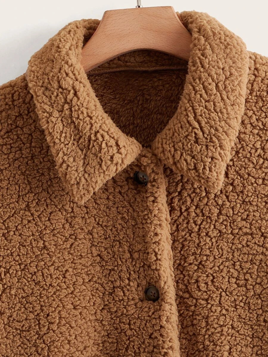 Dual Pocket Button Front Teddy Jacket Periwinkley Shop