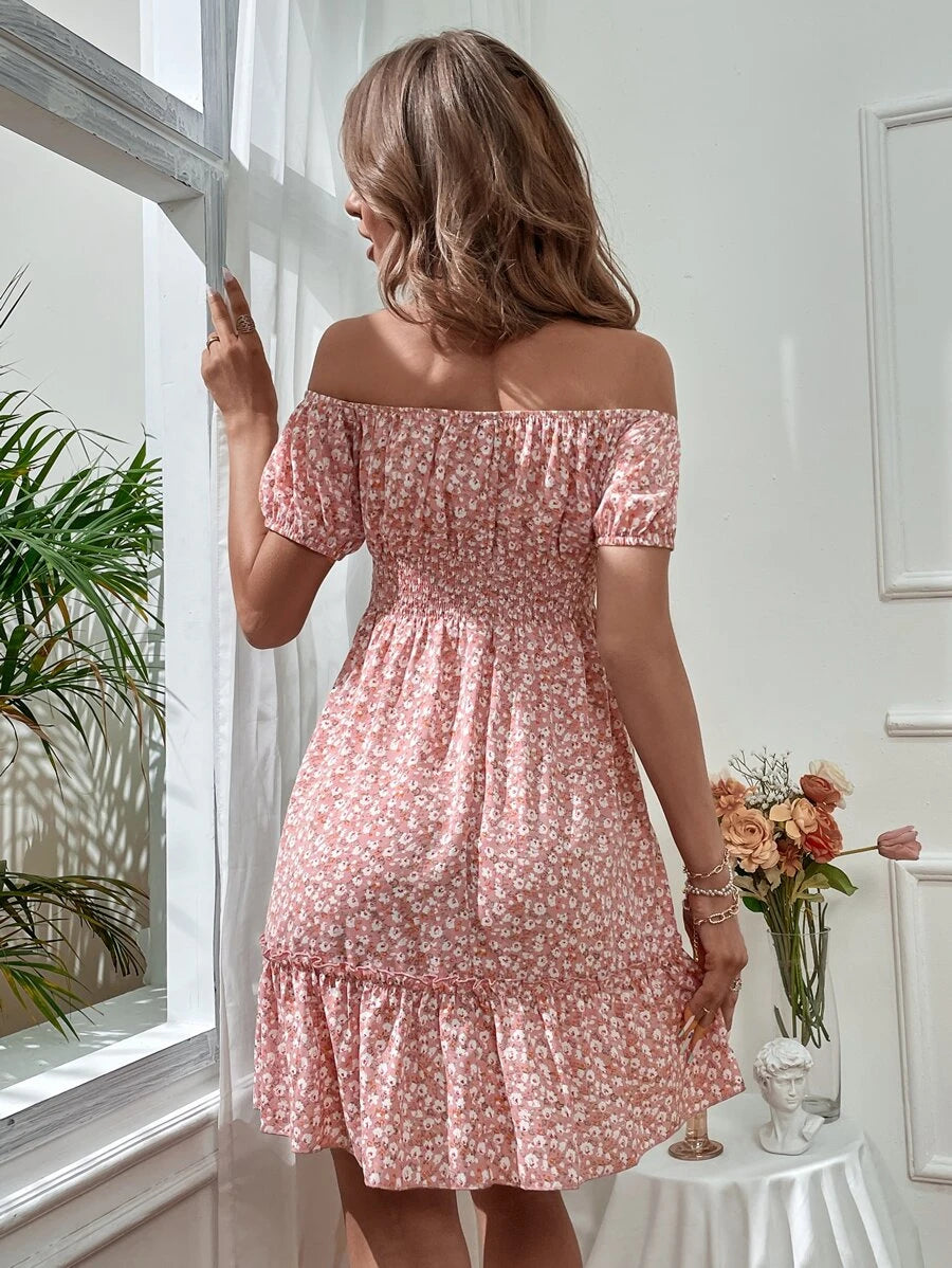 Ditsy Floral Off Shoulder Tie Front Ruffle Hem Dress Periwinkley Shop