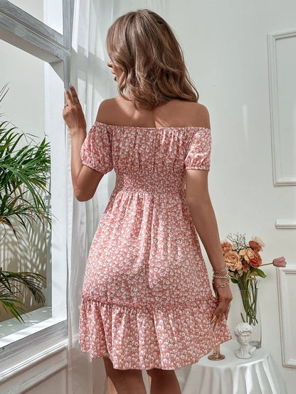 Ditsy Floral Off Shoulder Tie Front Ruffle Hem Dress Periwinkley Shop