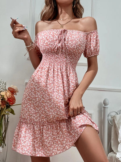 Ditsy Floral Off Shoulder Tie Front Ruffle Hem Dress Periwinkley Shop