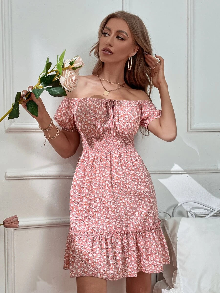 Ditsy Floral Off Shoulder Tie Front Ruffle Hem Dress Periwinkley Shop