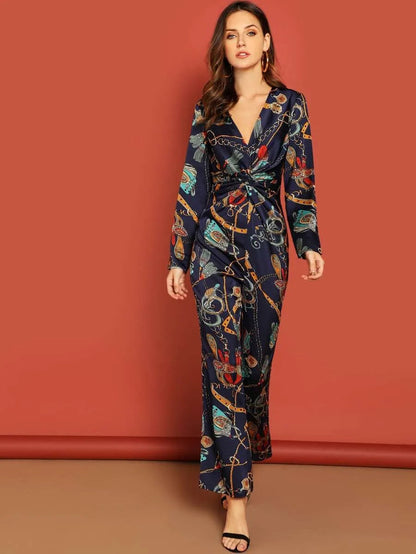 Chain Pattern Twist Front Jumpsuit Periwinkley Shop