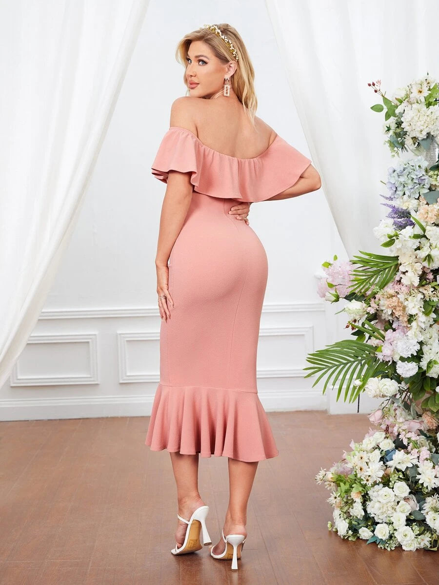 Off Shoulder Ruffle Trim Mermaid Hem Bodycon Dress Periwinkley Shop