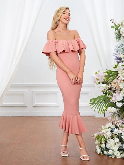 Off Shoulder Ruffle Trim Mermaid Hem Bodycon Dress Periwinkley Shop
