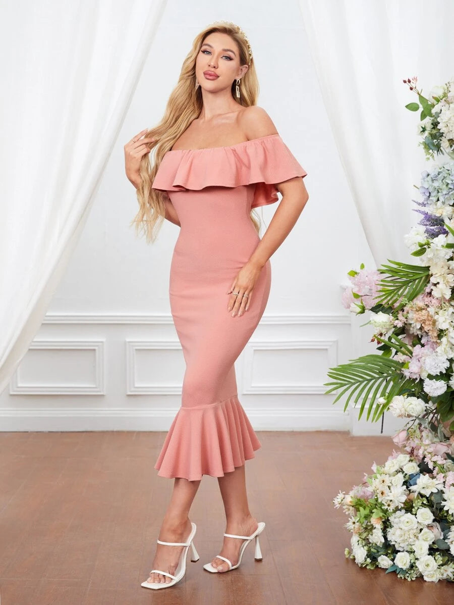Off Shoulder Ruffle Trim Mermaid Hem Bodycon Dress Periwinkley Shop