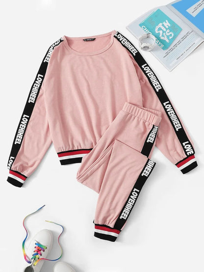 Contrast Letter Tape Side Pullover & Pants Set Periwinkley Shop