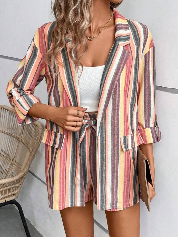 VCAY Striped Print Roll Tab Sleeve Blazer &  Shorts Set Periwinkley Shop