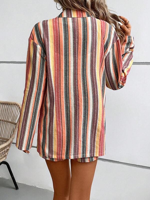 VCAY Striped Print Roll Tab Sleeve Blazer &  Shorts Set Periwinkley Shop