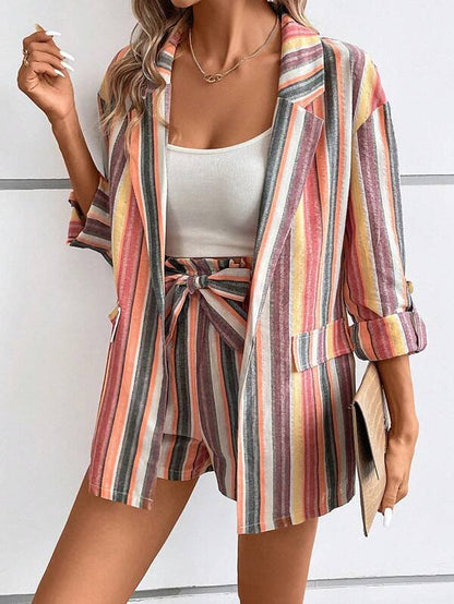 VCAY Striped Print Roll Tab Sleeve Blazer &  Shorts Set Periwinkley Shop