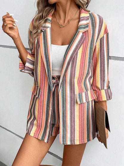 VCAY Striped Print Roll Tab Sleeve Blazer &  Shorts Set Periwinkley Shop