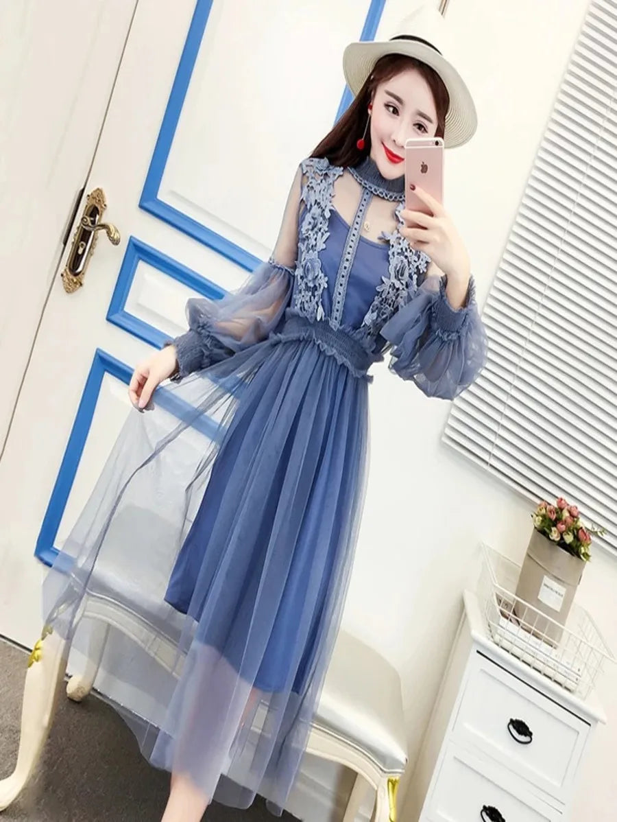 Stand Collar Lantern Sleeve Mesh Dress Periwinkley Shop