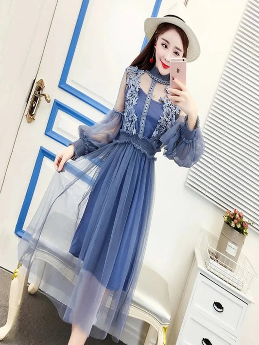 Stand Collar Lantern Sleeve Mesh Dress Periwinkley Shop