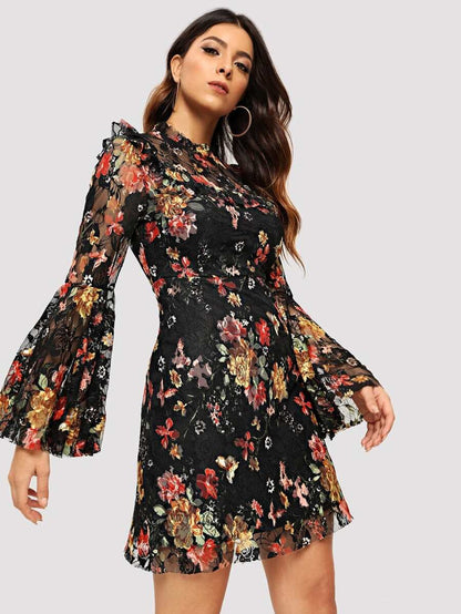 Bell Sleeve Floral Lace Dress Periwinkley Shop