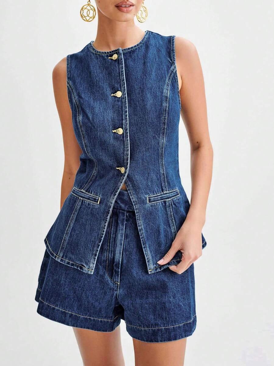 Women's Denim Long Vest Tops Button-Up Back Slit Sleeveless Pocket Round Neck Waistcoat Periwinkley Shop