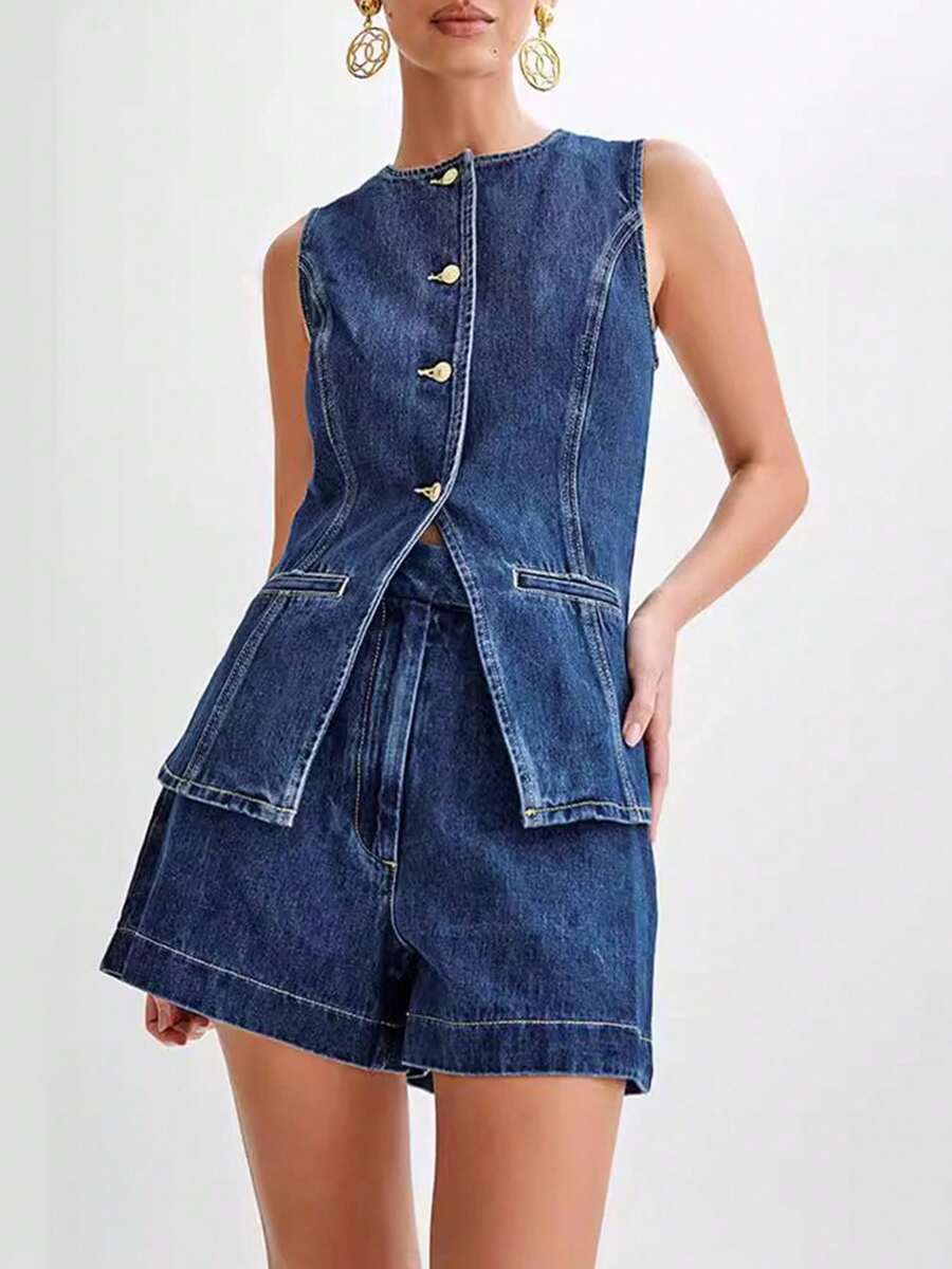 Women's Denim Long Vest Tops Button-Up Back Slit Sleeveless Pocket Round Neck Waistcoat Periwinkley Shop