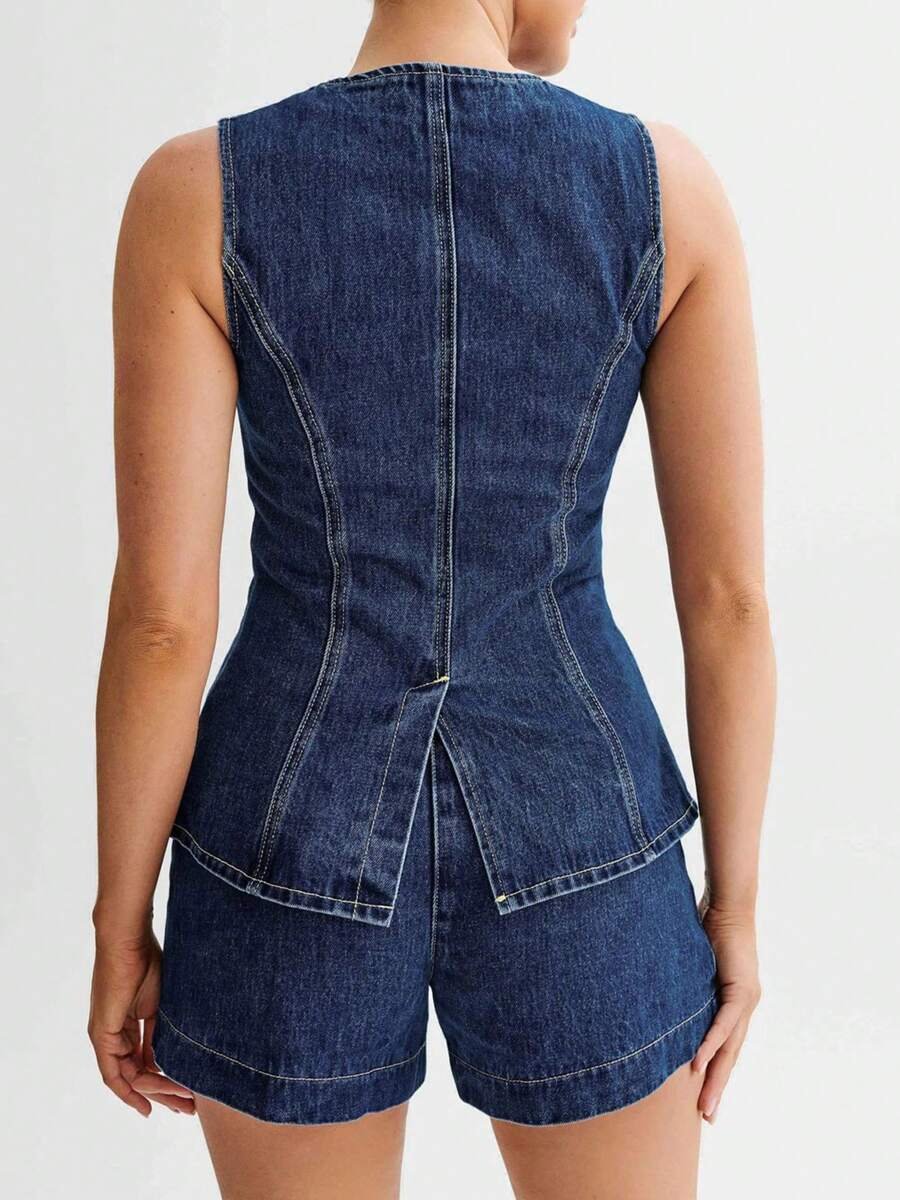 Women's Denim Long Vest Tops Button-Up Back Slit Sleeveless Pocket Round Neck Waistcoat Periwinkley Shop
