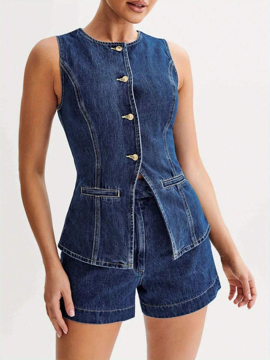 Women's Denim Long Vest Tops Button-Up Back Slit Sleeveless Pocket Round Neck Waistcoat Periwinkley Shop