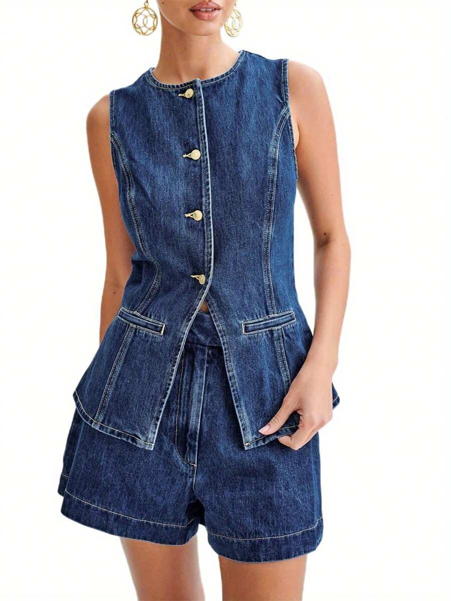 Women's Denim Long Vest Tops Button-Up Back Slit Sleeveless Pocket Round Neck Waistcoat Periwinkley Shop