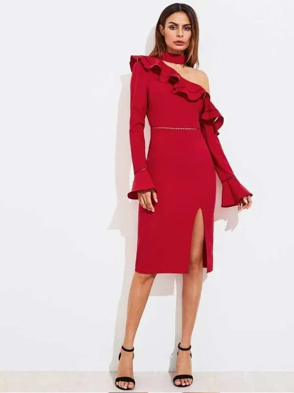 lace insert bell cuff flounce asymmetric shoulder split dress Periwinkley Shop