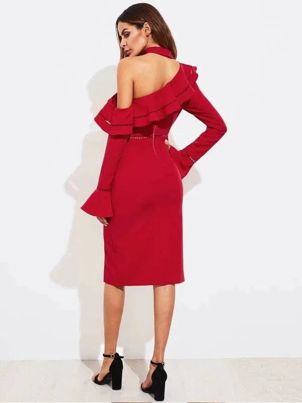 lace insert bell cuff flounce asymmetric shoulder split dress Periwinkley Shop