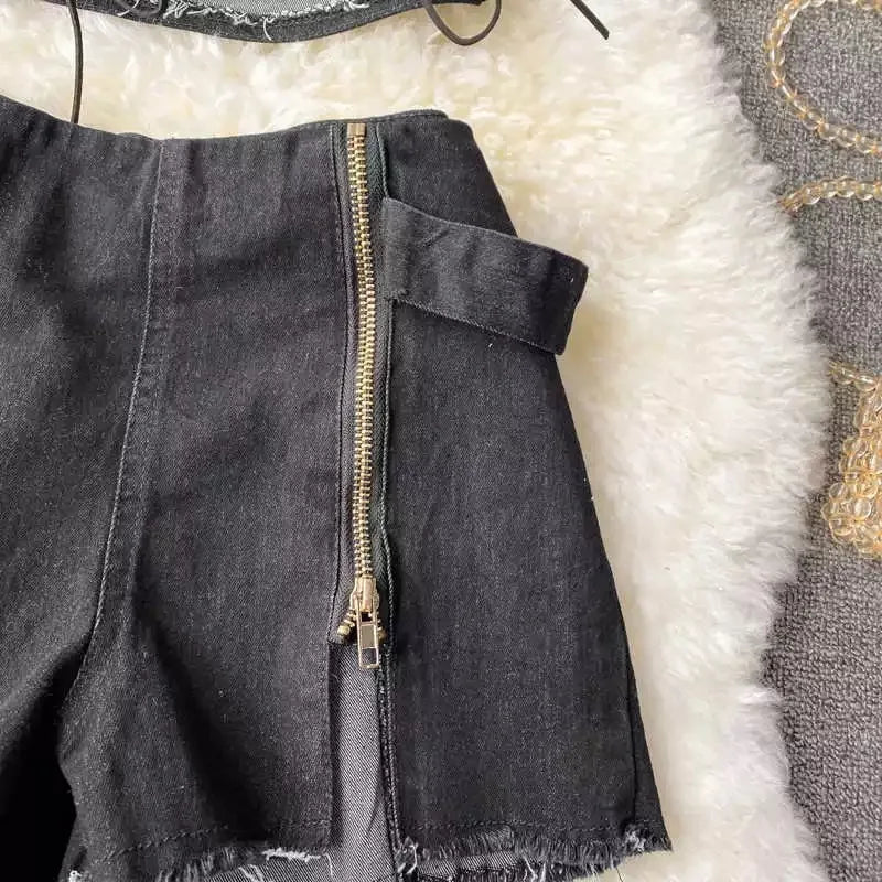 Two Piece Set Denim  Short Strapless Bra Top Retro Denim Shorts Periwinkley Shop