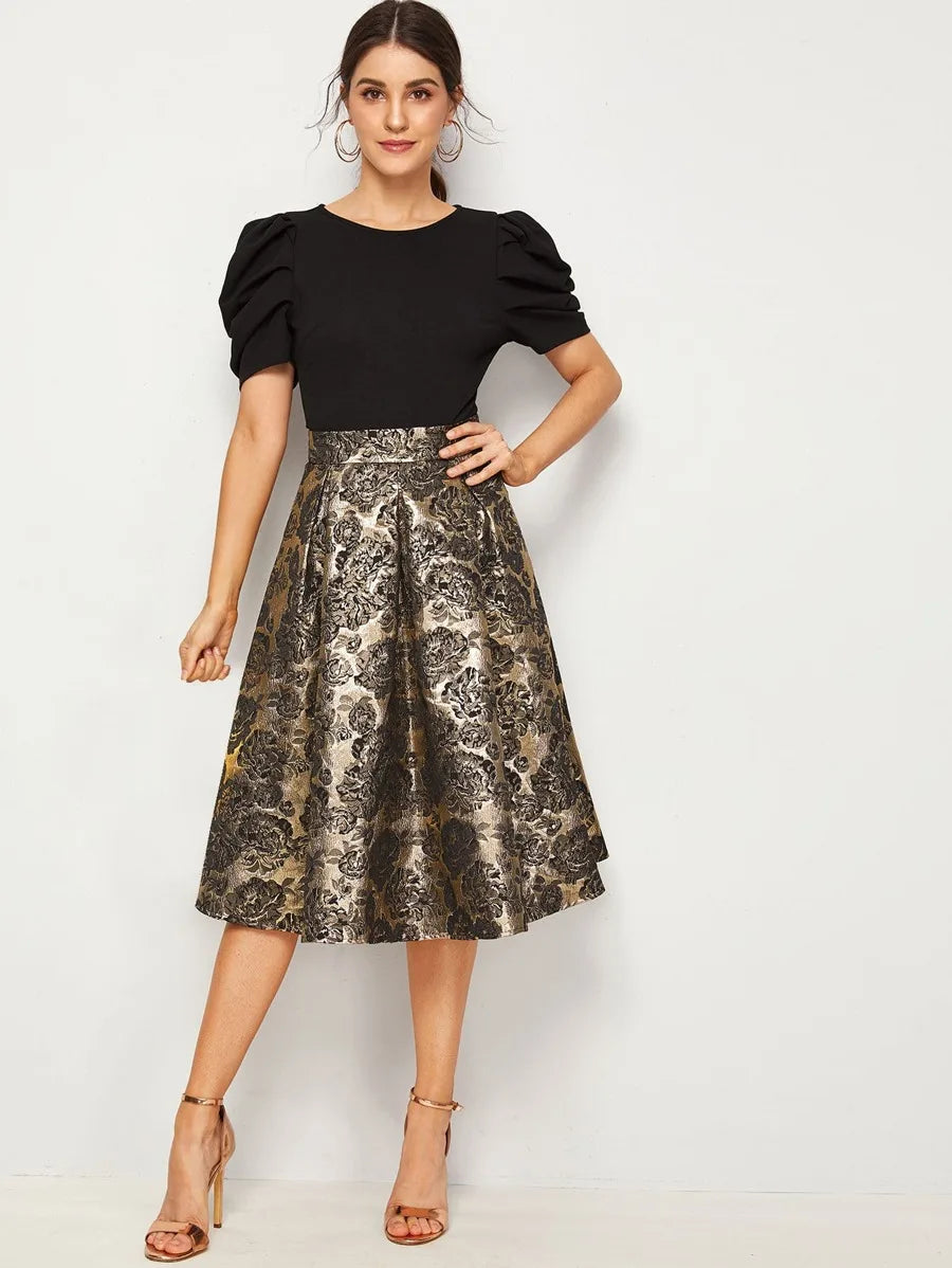 Solid Puff Sleeve Bodice Jacquard Flared Dress Periwinkley Shop