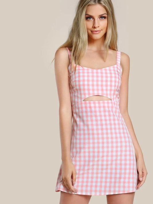 Cutout Midriff Gingham Pinafore Dress Periwinkley Shop