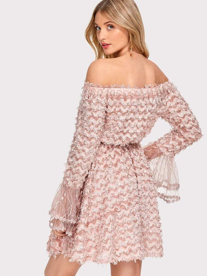 Layered Fringe Embellished Flounce Sleeve Bardot Dress Periwinkley Shop