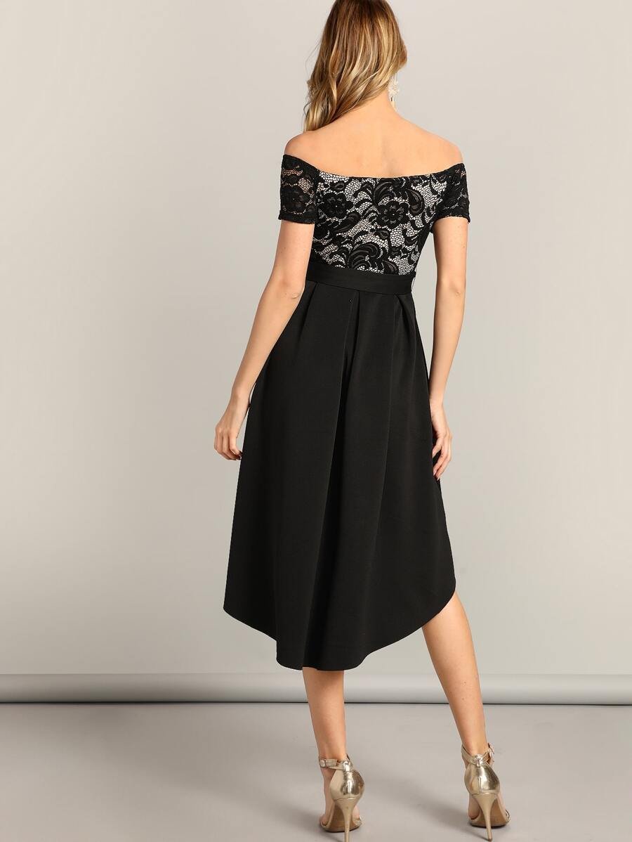 Off Shoulder Asymmetrical Hem Lace Belted Dress Periwinkley Shop