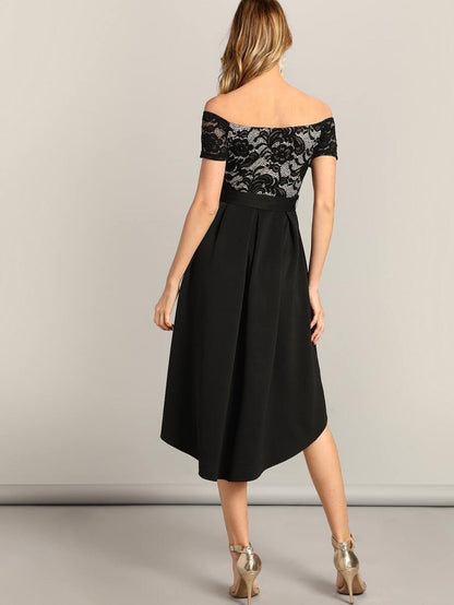Off Shoulder Asymmetrical Hem Lace Belted Dress Periwinkley Shop