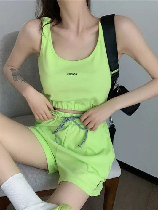 Two Piece Sets Fashion Sleeveless Vest + Elastic Waist Shorts Tracksuit Set Periwinkley Shop