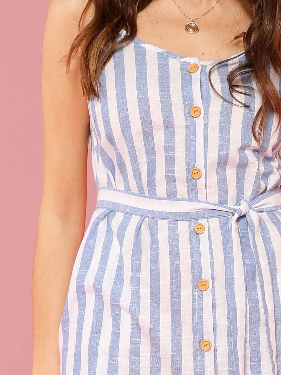 Button Through Self Belt Stripe Cami Dress Periwinkley Shop