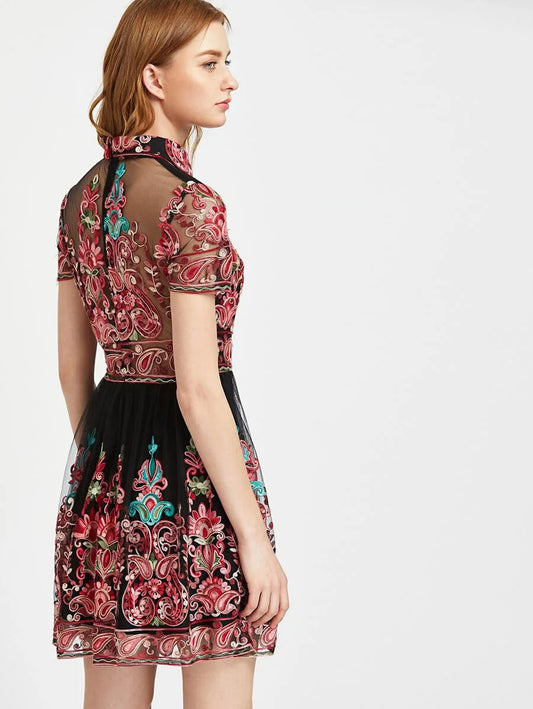Paisley Embroidered Mesh Overlay Skater Dress Periwinkley Shop