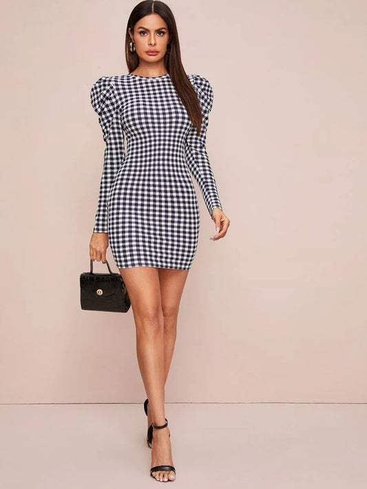 Gigot Sleeve Gingham Bodycon Dress Periwinkley Shop