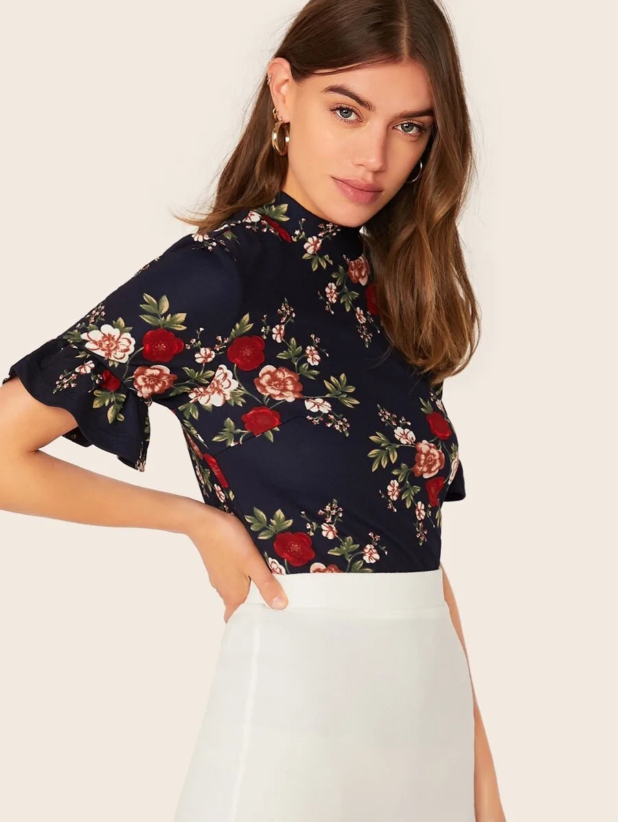 Mock-Neck Ruffle Cuff Floral Print Top Periwinkley Shop
