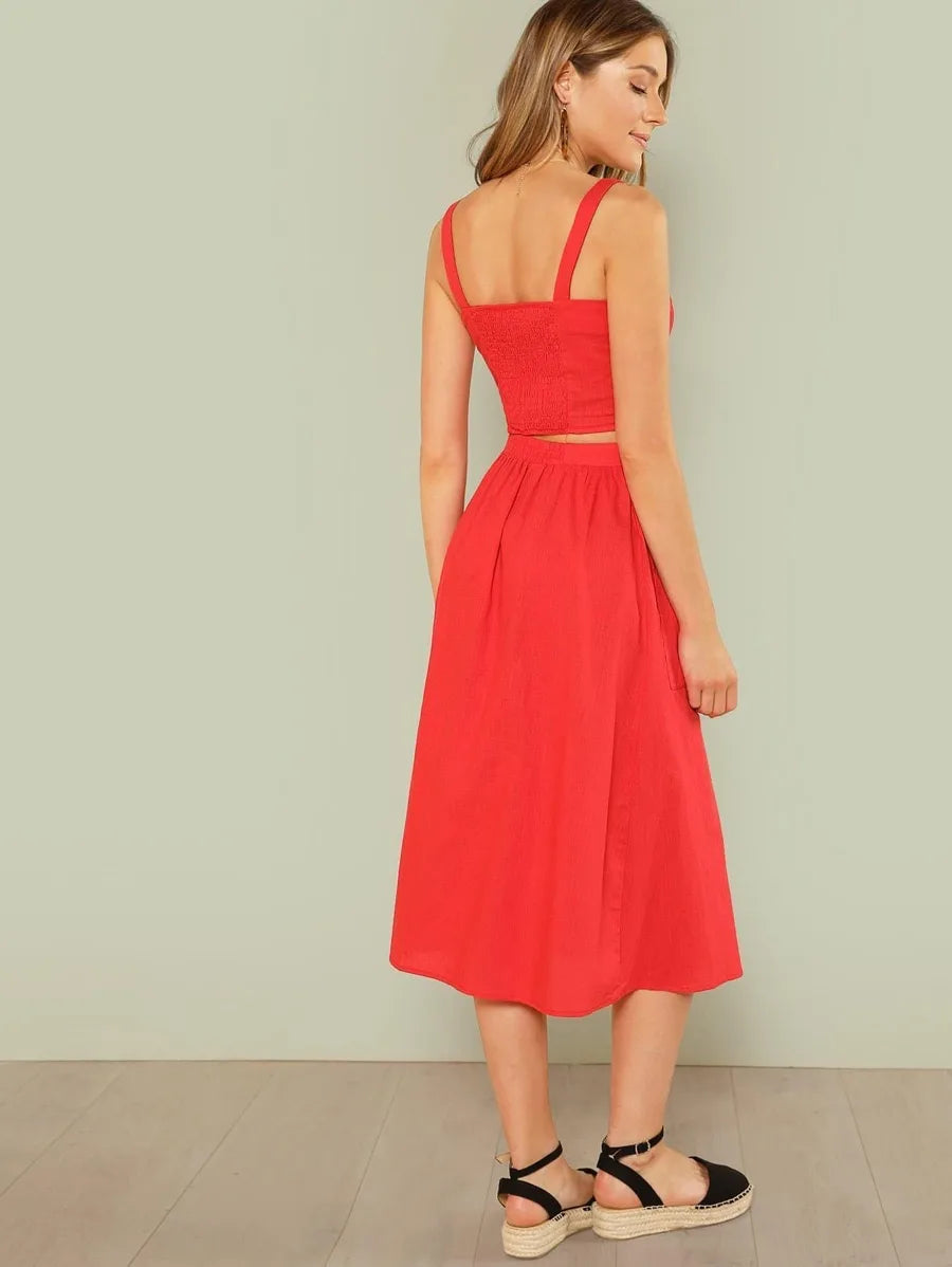 Button Up Crop Cami Top & Flare Skirt Set Periwinkley Shop