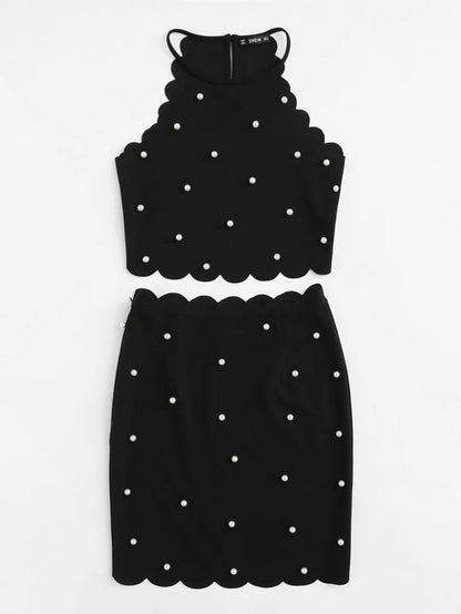Pearl Beading Scalloped Halter Top & Skirt Co-ord Periwinkley Shop