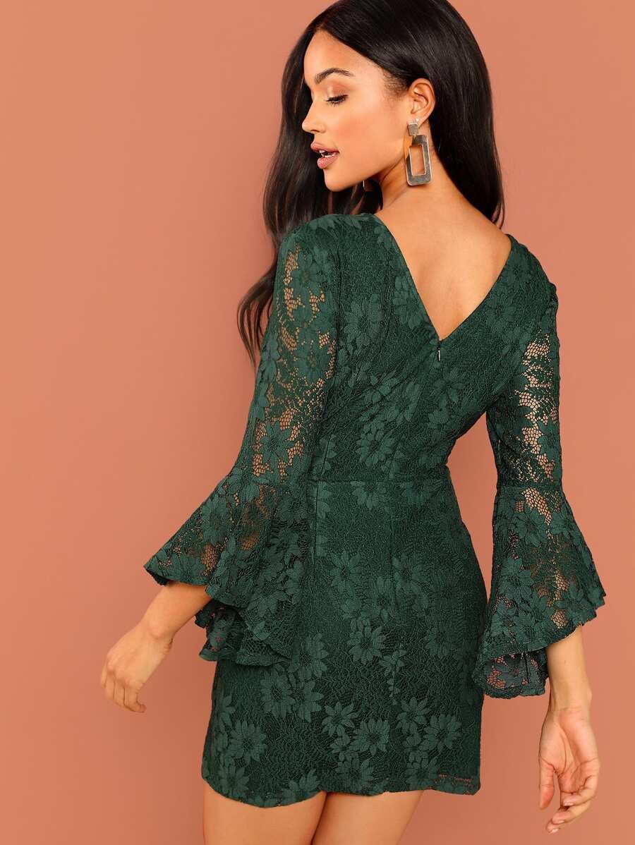 Flounce Sleeve Guipure Lace V Back Dress Periwinkley Shop