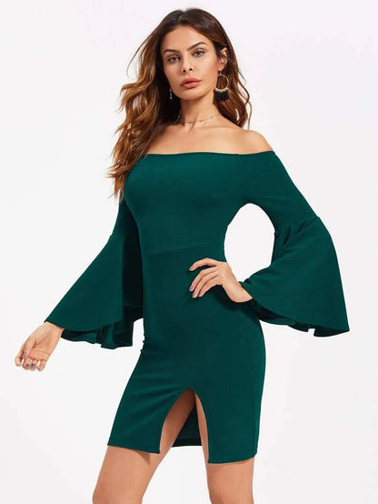 Trumpet sleeve bardot dress Periwinkley Shop