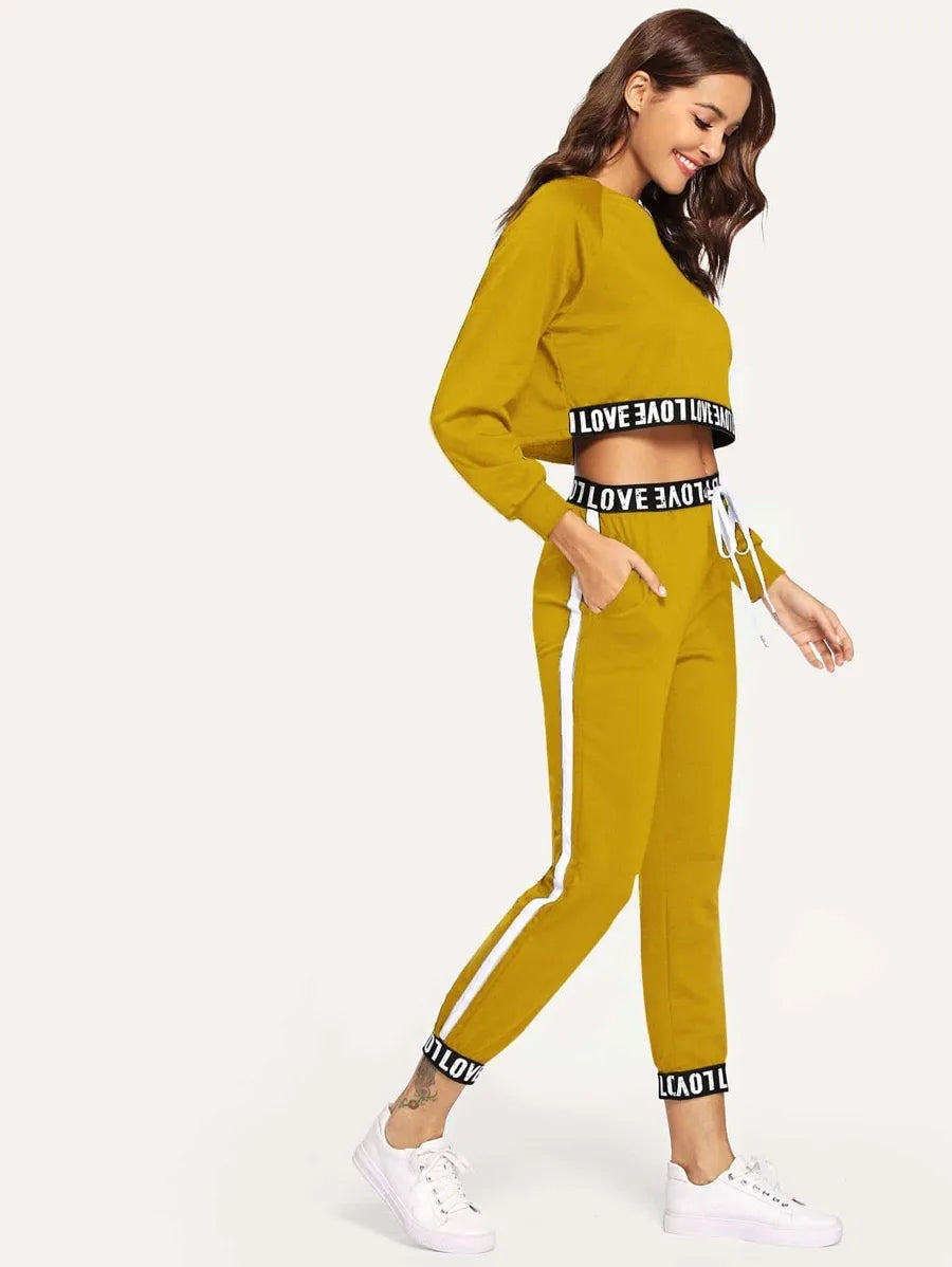 Contrast Letter Taped Top With Pants Periwinkley Shop