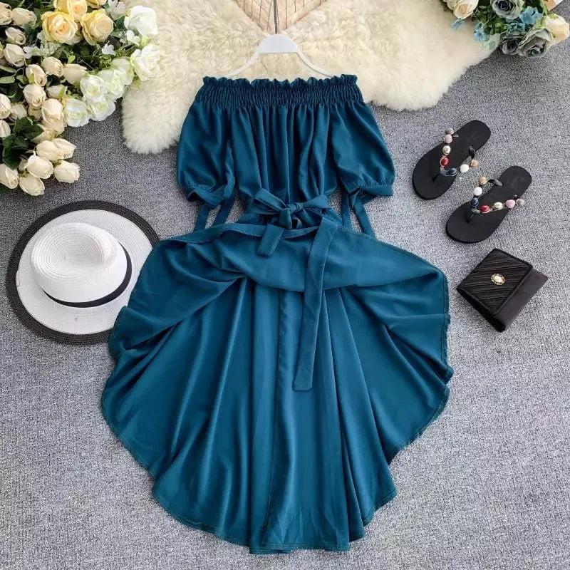 Slash Neck Puff Sleeve Bowknot Dress Periwinkley Shop
