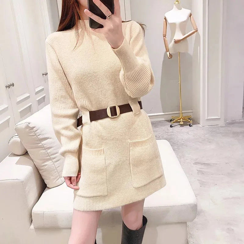 Guilantu Knitting Spring Autumn Turtleneck Puff Sleeve dress - White Periwinkley Shop