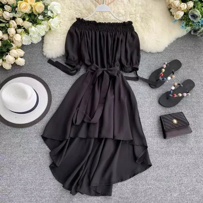 Slash Neck Puff Sleeve Bowknot Dress Periwinkley Shop