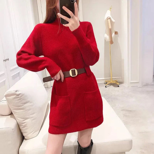 Guilantu Knitting Spring Autumn Turtleneck Puff Sleeve dress - Red Periwinkley Shop