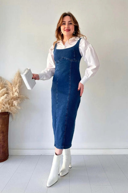 MaziButik Midi Length Strappy Denim Dress Navy Blue Periwinkley Shop