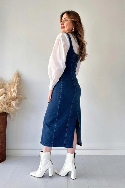 MaziButik Midi Length Strappy Denim Dress Navy Blue Periwinkley Shop