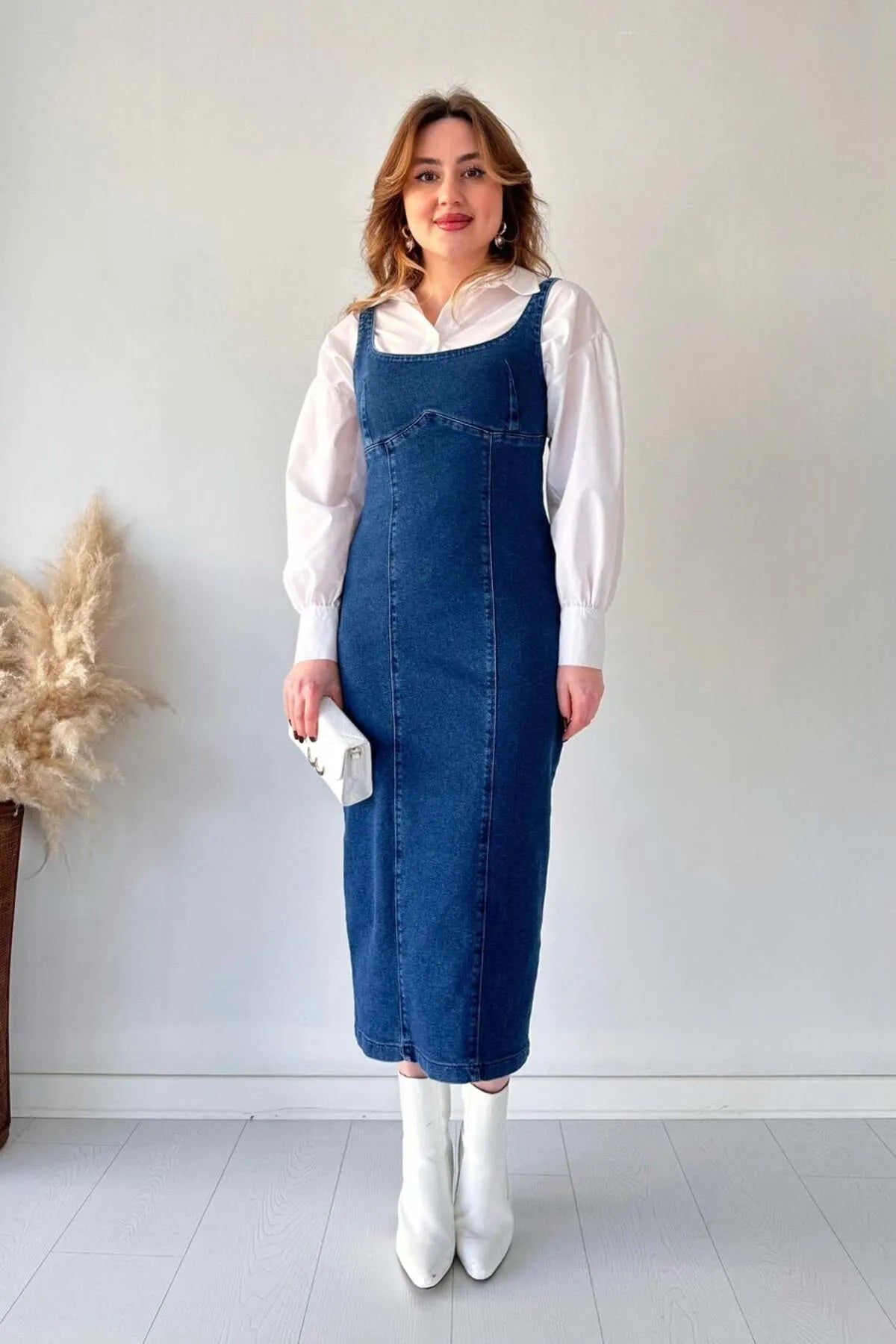 MaziButik Midi Length Strappy Denim Dress Navy Blue Periwinkley Shop