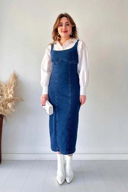 MaziButik Midi Length Strappy Denim Dress Navy Blue Periwinkley Shop