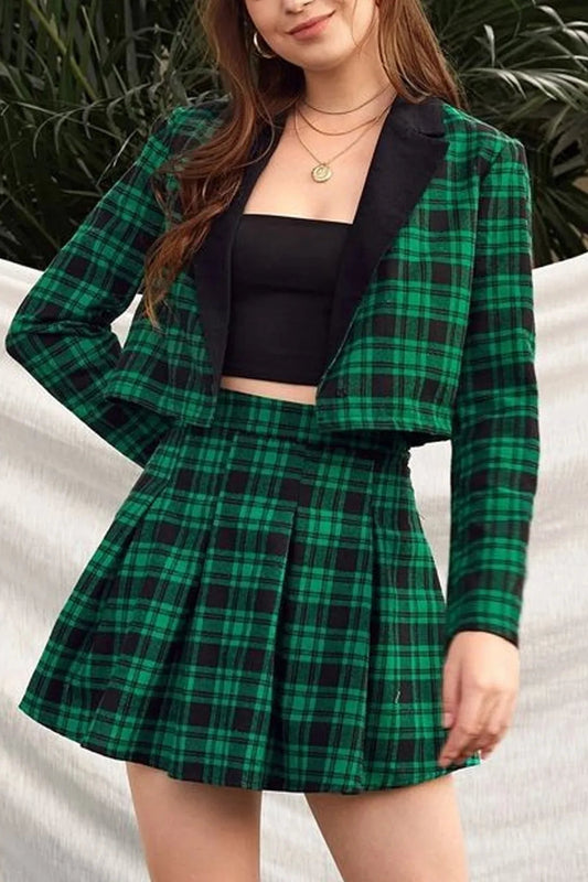 Lapel Collar Plaid Crop Blazer & Skater Skirt Set Periwinkley Shop